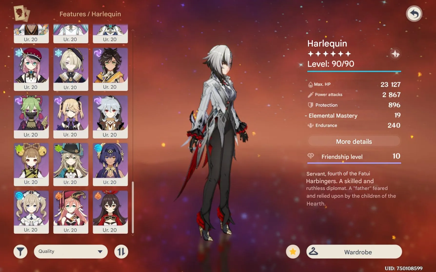 GI991 Harlequino C2 + Signature, Raiden C2 + Signature, Chasca C1 + Signature, Many 5 star Characters & Weapons 